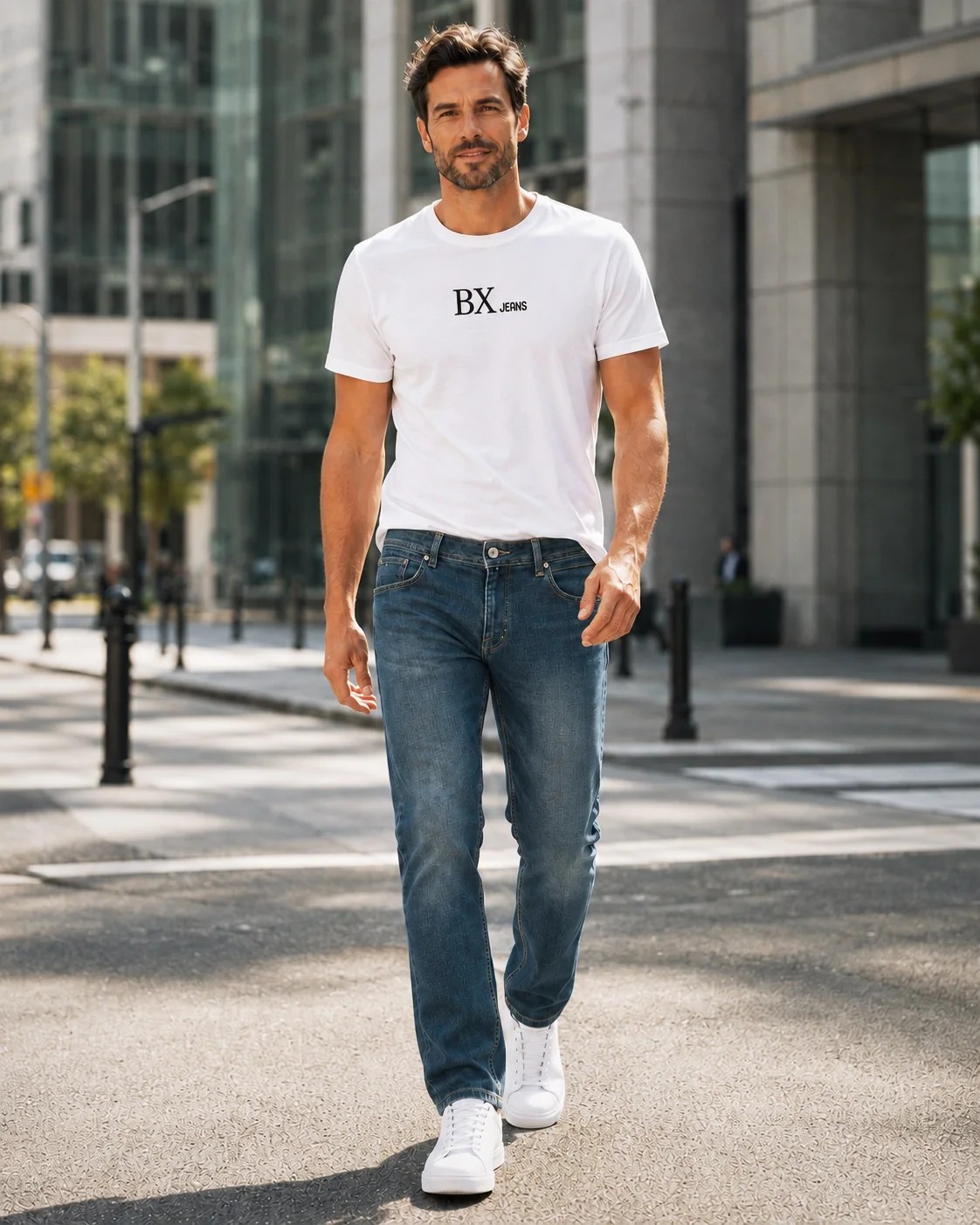 Model wearing BX jeans, front view in an urban setting