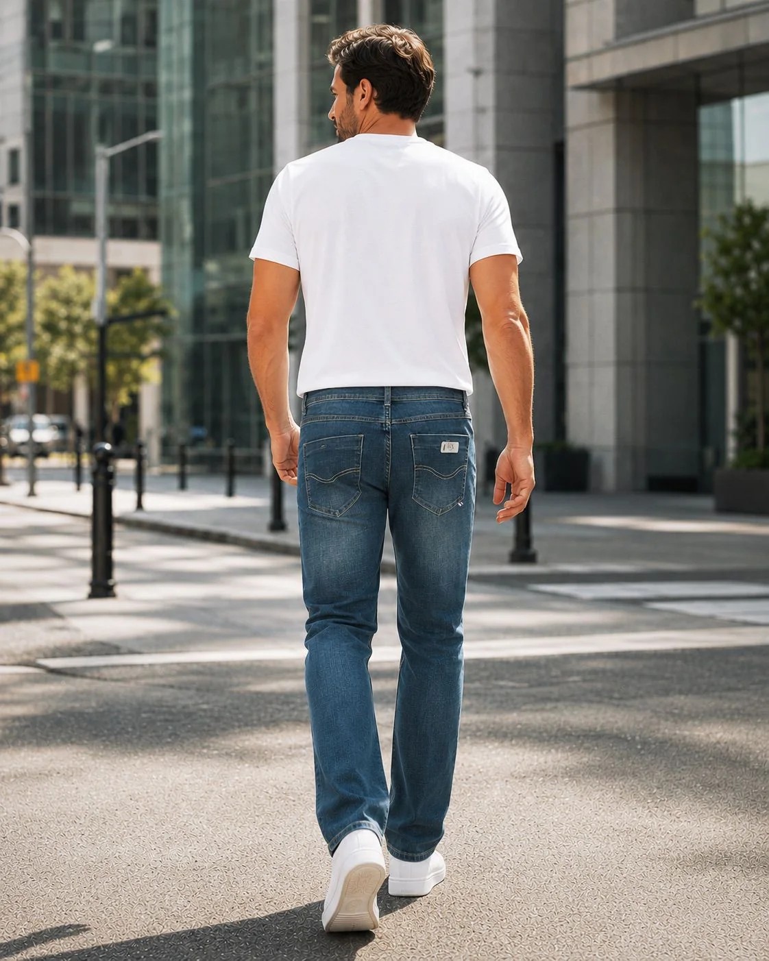 Model walking through the city wearing BX jeans, rear view