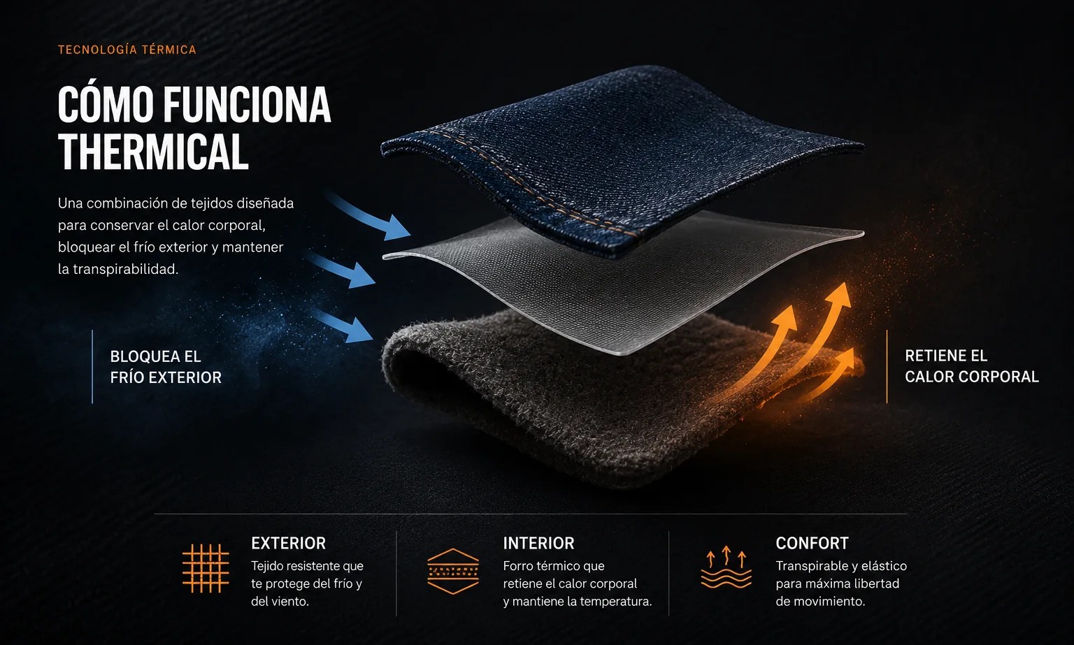 Tecnología THERMICAL: capas de denim, membrana e interior térmico que bloquean el frío exterior, retienen el calor corporal y mantienen el confort.
